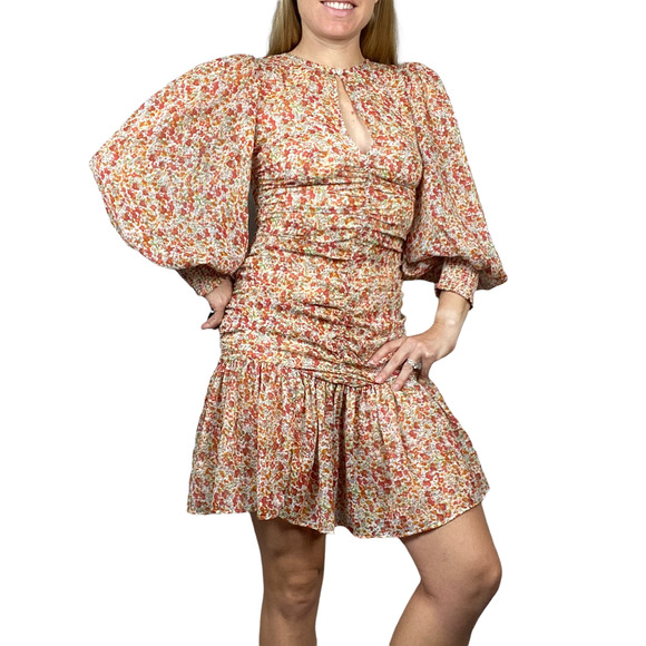 byTimo Dress Floral Delicate Floral Long Sleeve Rouch Mini Sheer Puff Sleeves - Picture 2 of 13